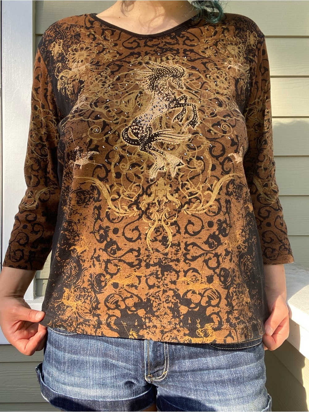 Cactus Bay Brown Ornate Horse Rhinestone 3/4 Long Sleeve Top